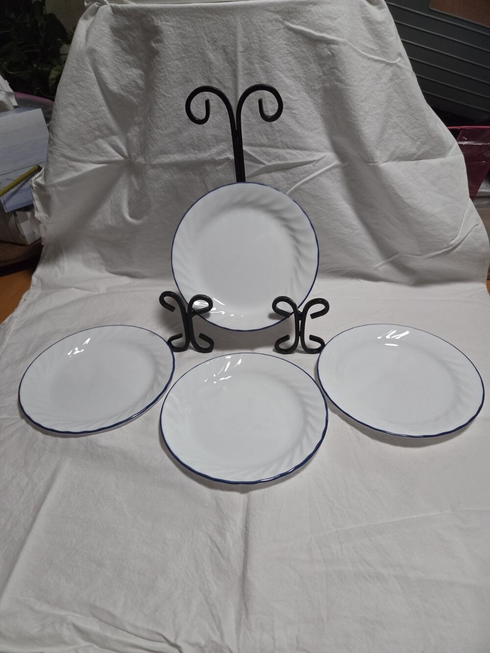 Corelle Enhancements White Swirl Black Trim FOUR Salad Plates 7-1/4"